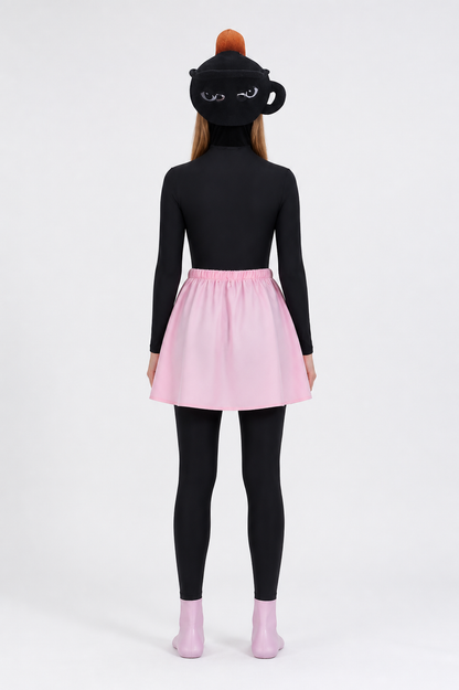 Cosplay costume with jumpsuit, skirt, and headpiece back view