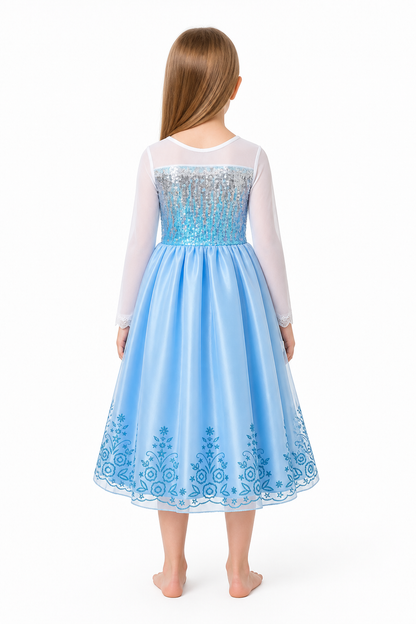 Sequined Carnival Dress with a Full Blue Skirt back view