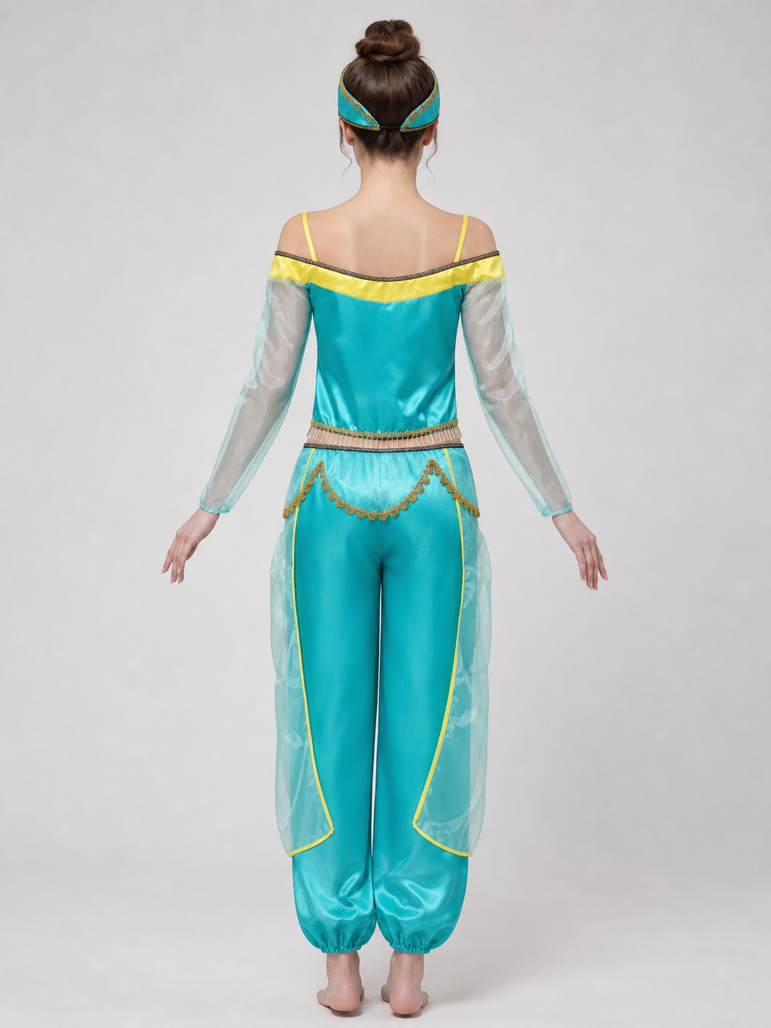 Turquoise Aladdin cosplay costume with headwear back view