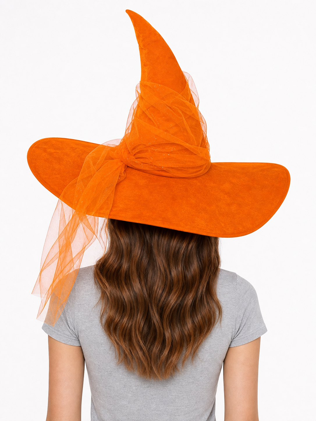 Orange Halloween Witch Hat, Tall Curved Pointed Crown, Wide Floppy Brim, Sheer Mesh Draping, Costume Accessory for Parties