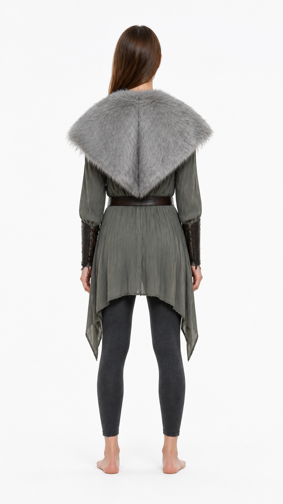 Adult Viking Cape Costume, Fluffy Gray-White Shoulder Edge, Gold Emblem & Button back view