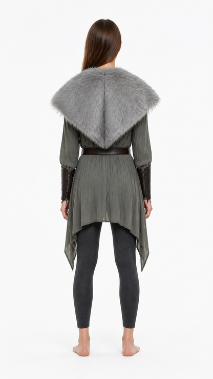 Adult Viking Cape Costume, Fluffy Gray-White Shoulder Edge, Gold Emblem & Button back view