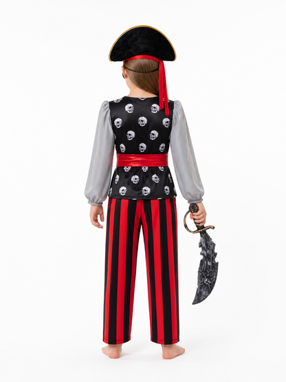 Black and Red Pirate Costume with Hat, Sword, and Eye Patch back view