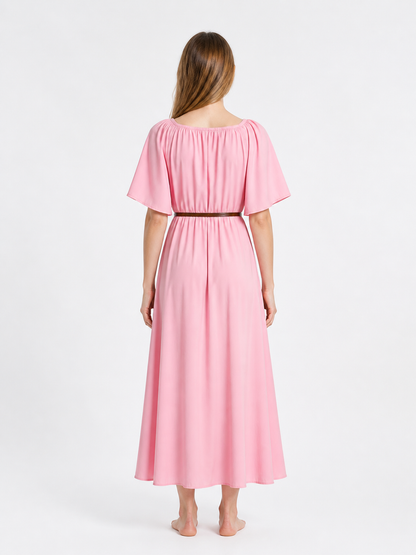 Pink Cosplay Dress with Belt and Long Skirt back view