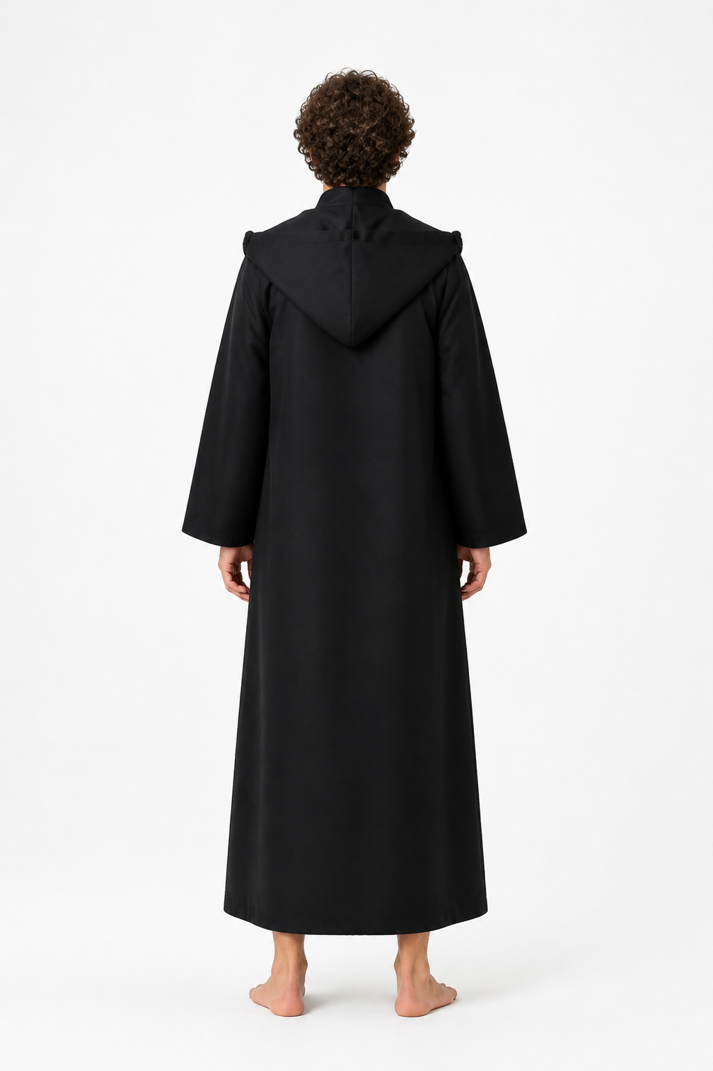 Black Long Hooded Robe with Belt back view