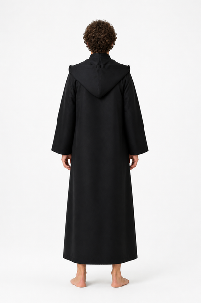 Black Long Hooded Robe with Belt back view