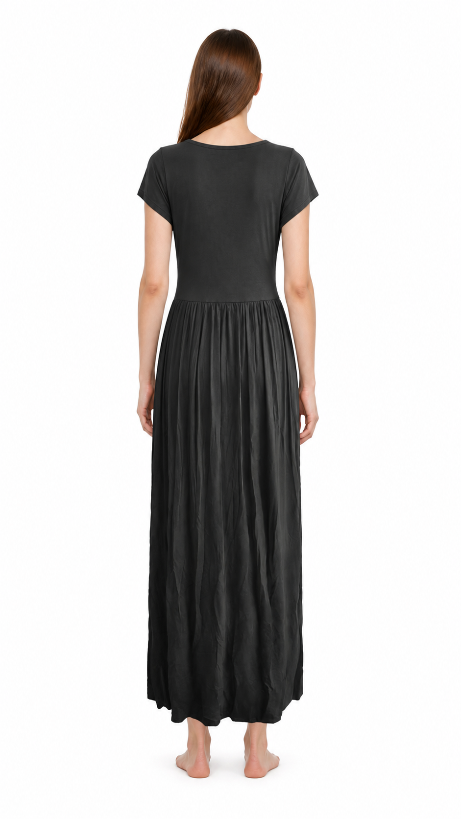 Long dress with short sleeves and pleating back view