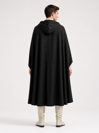 Black Long Hooded Cotton-Linen Cloak back view