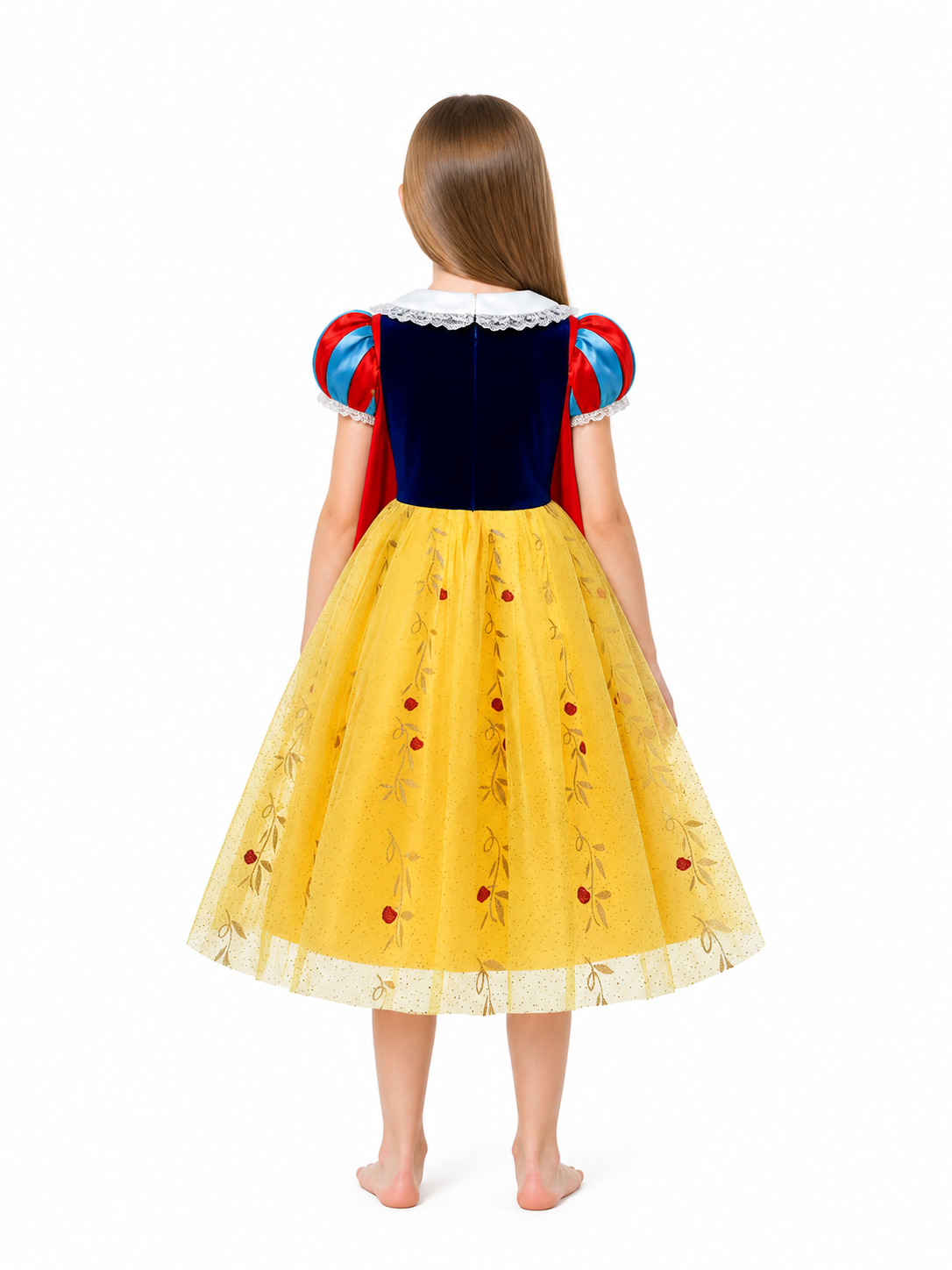 Snow White Dress with a Red Cape and Blue Bodice back view