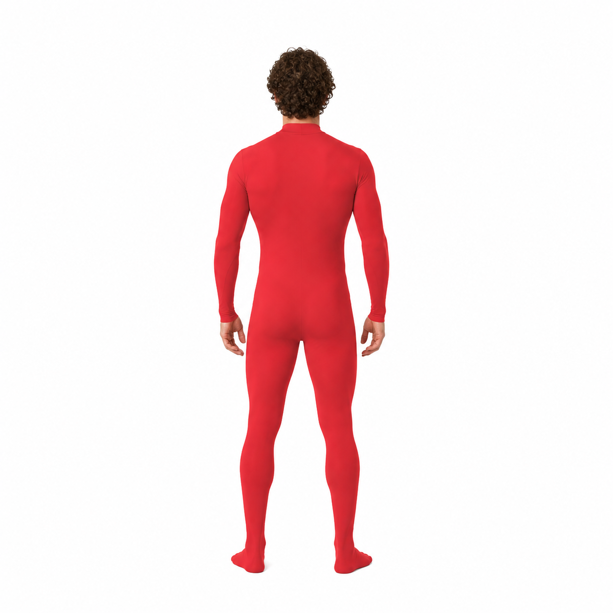 Red Form-Fitting Zentai Jumpsuit with High Collar back view