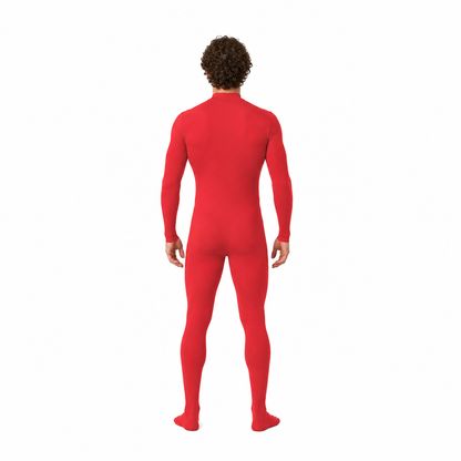 Red Form-Fitting Zentai Jumpsuit with High Collar back view