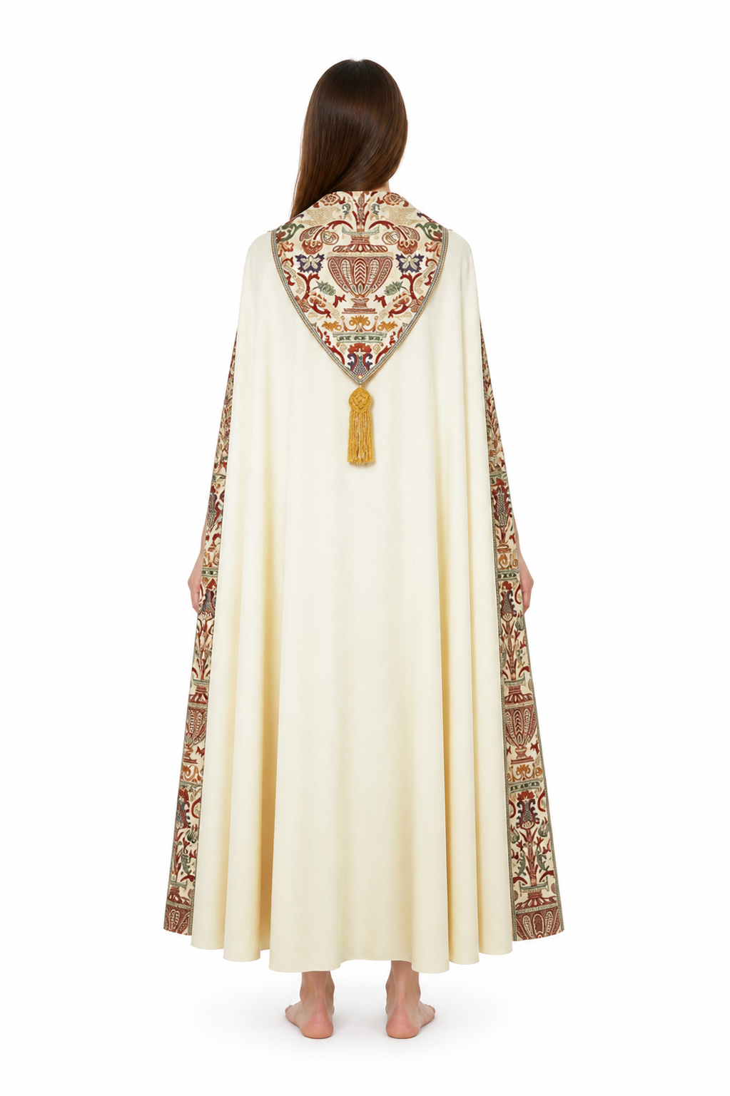 Long Cape with Fringe and Geometric Pattern back view