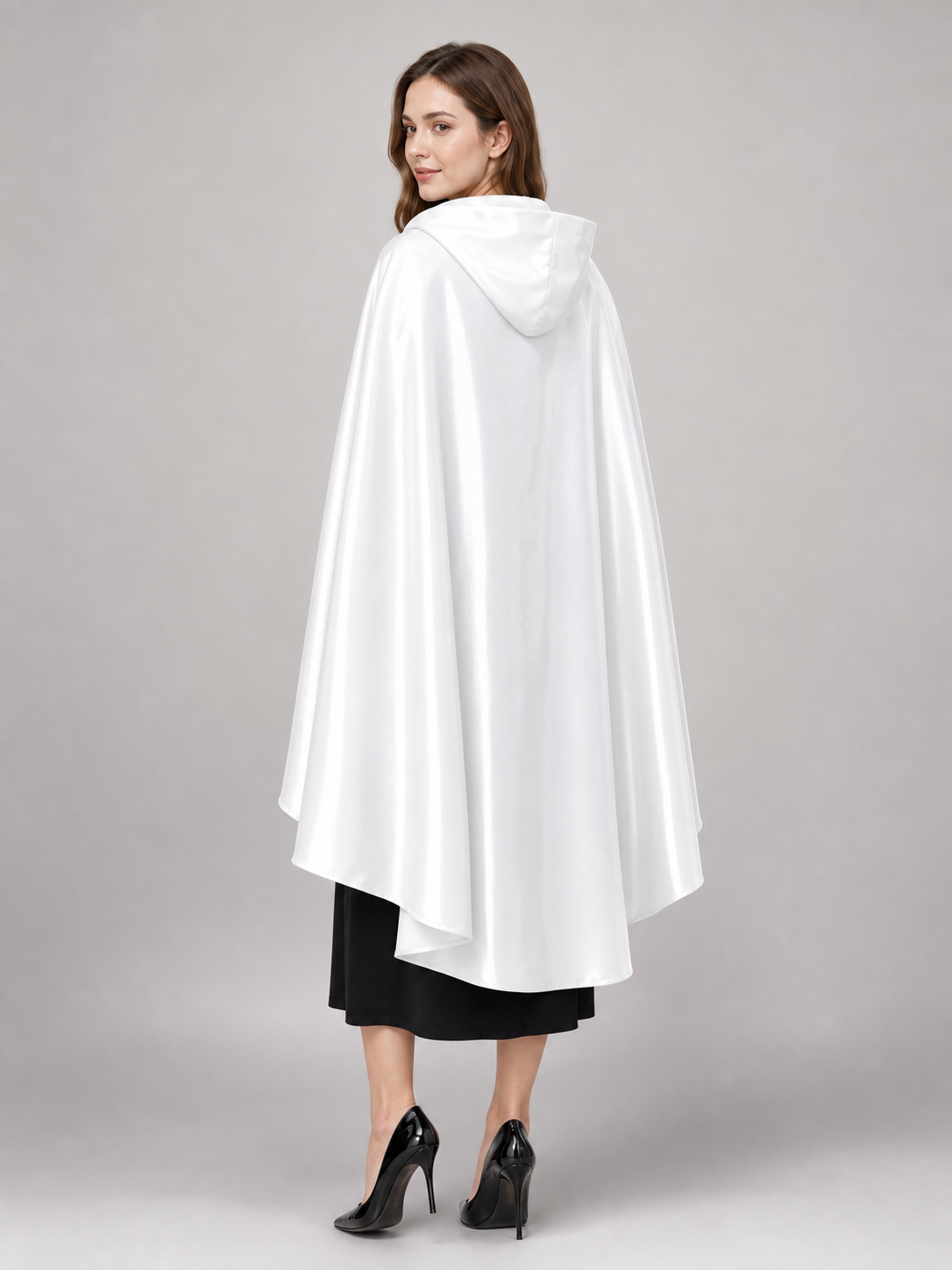 Long white hooded satin-look carnival cape product view 37