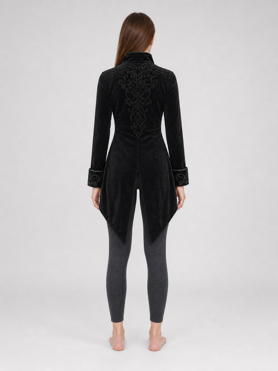 Black embroidered coat with a stand-up collar and pointed tails