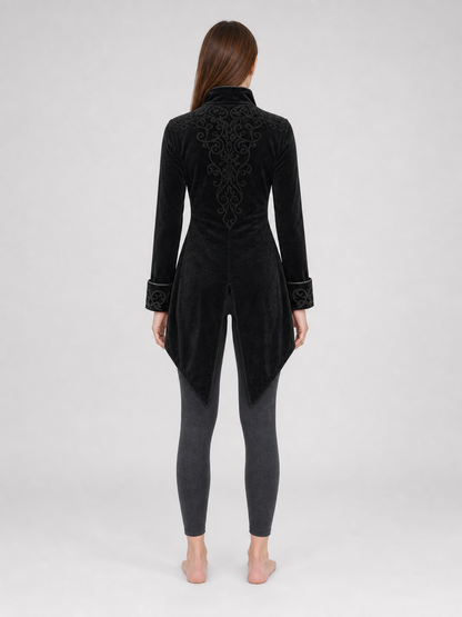 Black embroidered coat with a stand-up collar and pointed tails