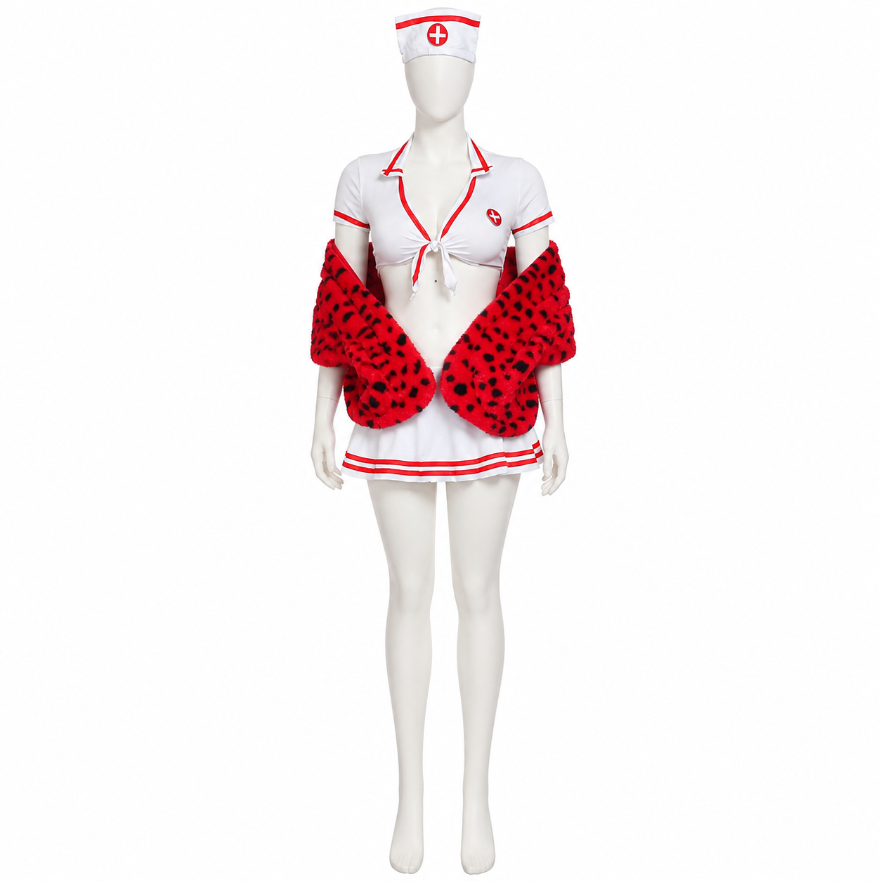 White Nurse Costume with Red Shoulder Wrap back view