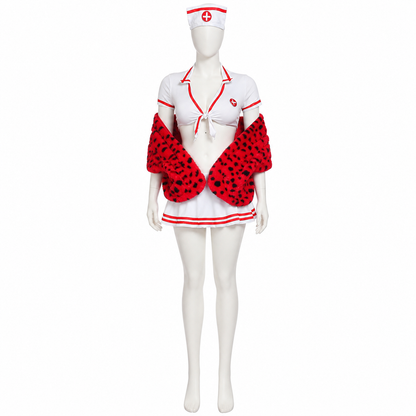 White Nurse Costume with Red Shoulder Wrap back view