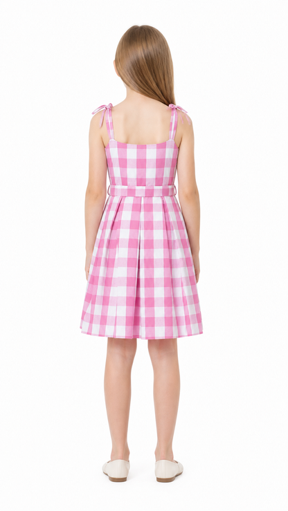 Barbie Pink and White Plaid High-Waisted Dress back view