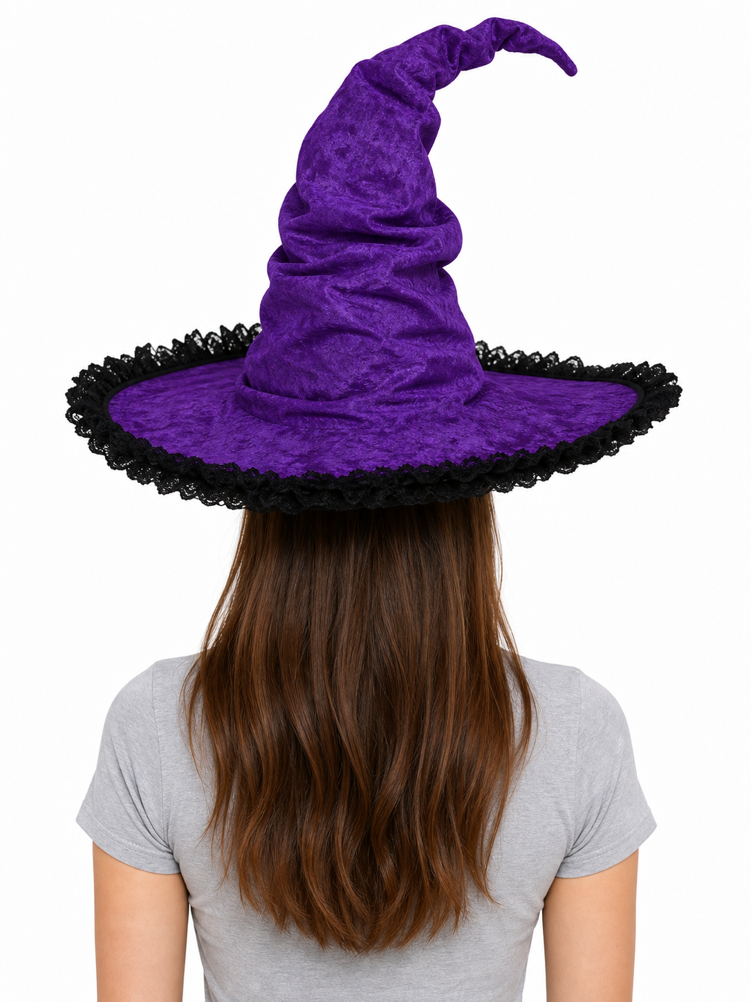 Purple Halloween Witch Hat Pointed Wide Brim Gothic Costume Accessory With Black Lace-Like Trim For Cosplay Themed Parties
