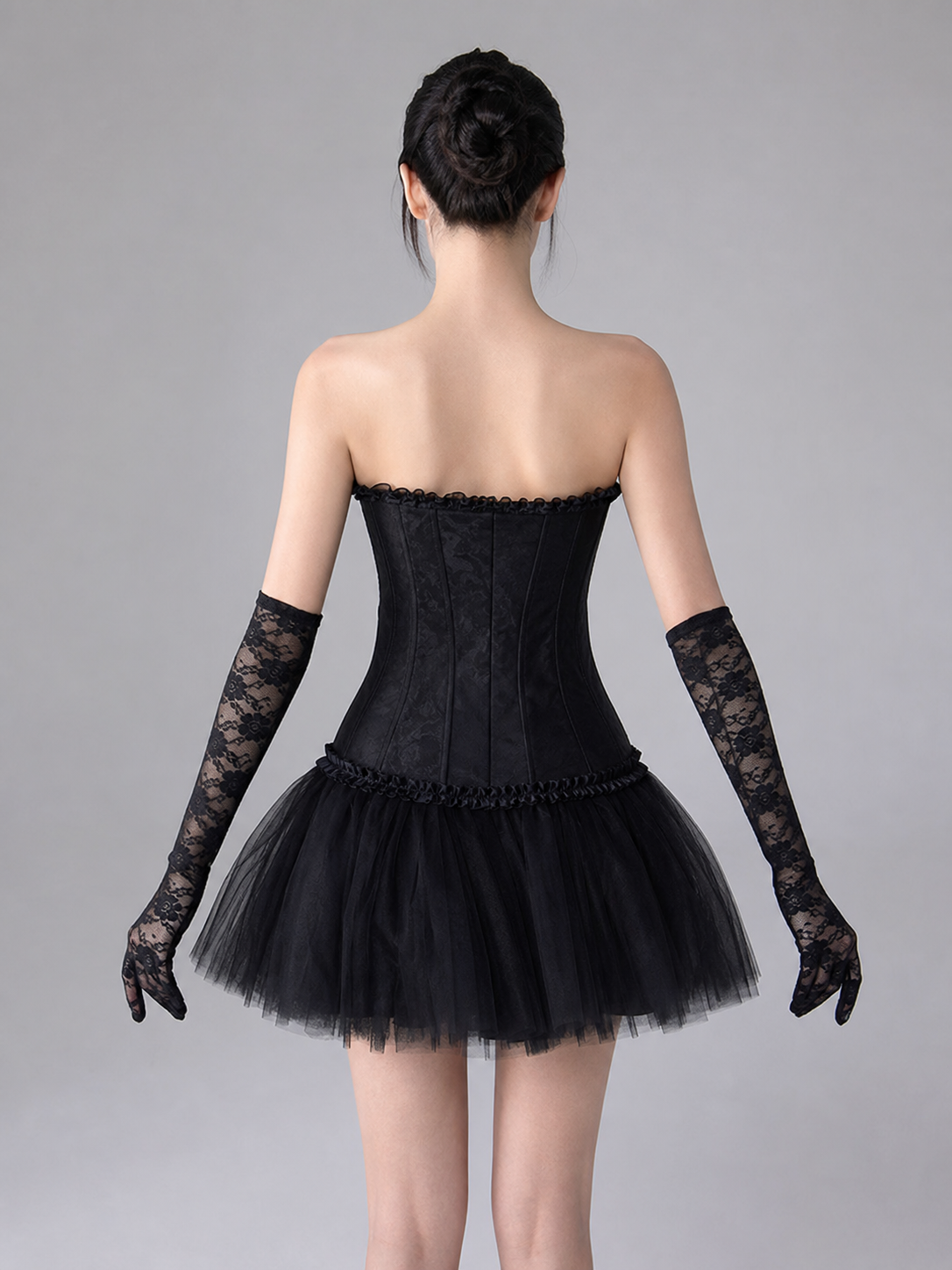 Gothic costume with corset, veil, and gloves