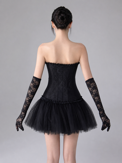 Gothic costume with corset, veil, and gloves