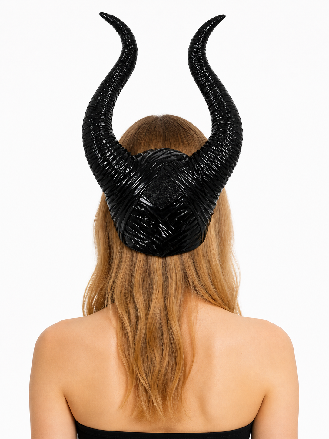 1pc Black Horn Headpiece with Striped Texture, Symmetrical Curved Horns back view