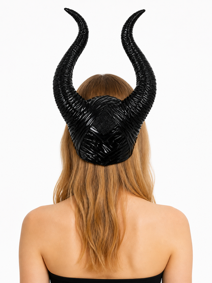 1pc Black Horn Headpiece with Striped Texture, Symmetrical Curved Horns back view