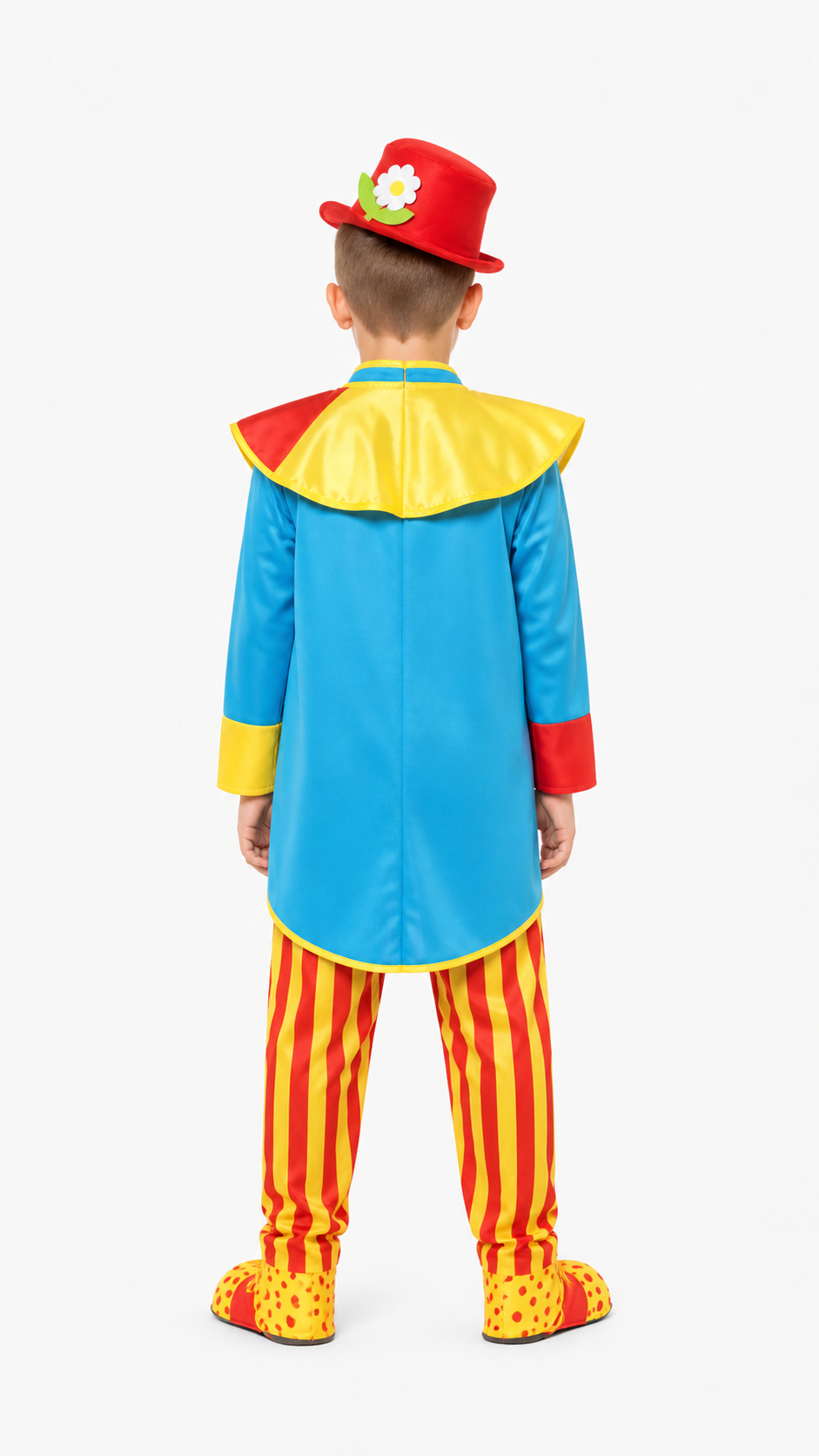 Clown Costume with Striped Jumpsuit and Hat back view