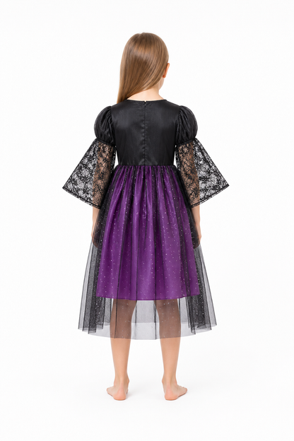 Black and Purple Carnival Dress with Lace Sleeves back view