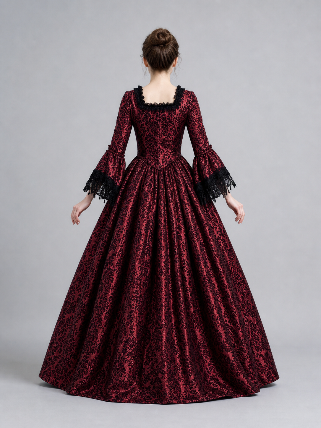 Renaissance-Style Dress with Lace and Long Sleeves back view 2