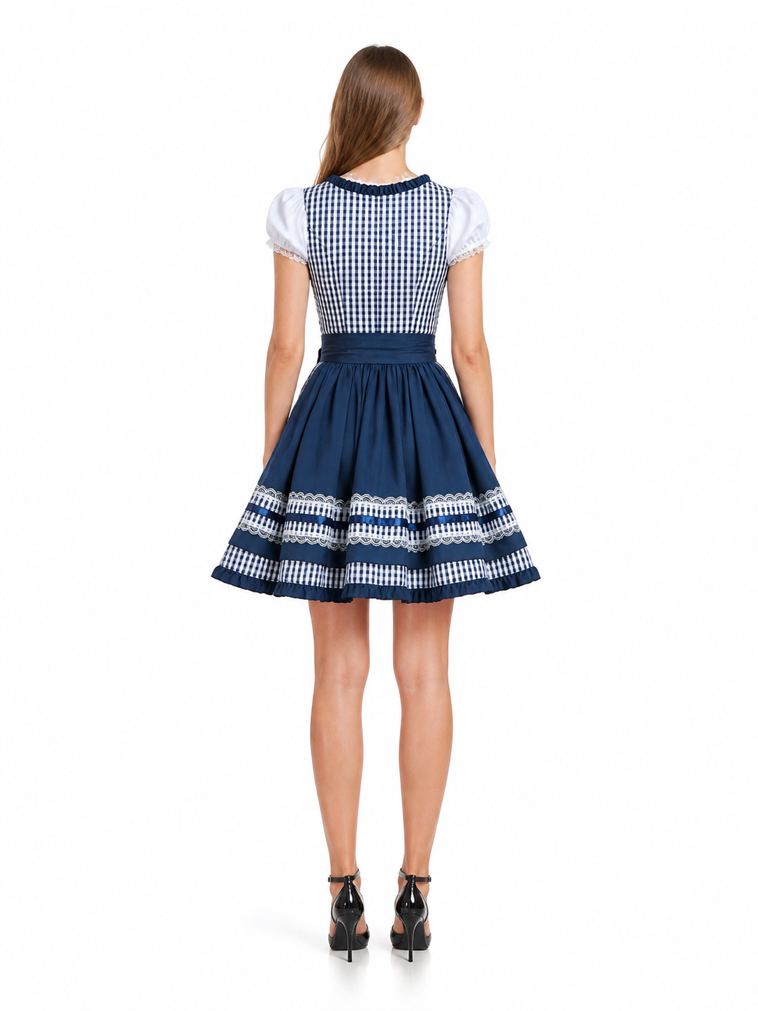 Blue-and-White Checkered Dress with Bow and Lace Apron