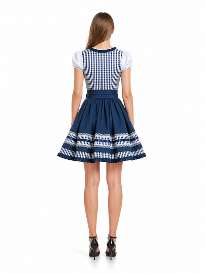 Blue-and-White Checkered Dress with Bow and Lace Apron