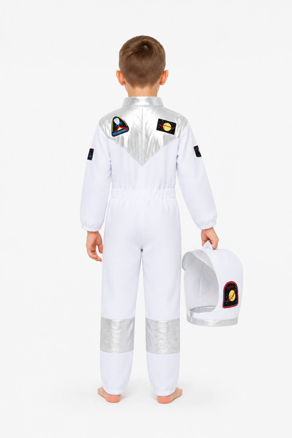 Children's astronaut costume with helmet and silver-toned accents back view