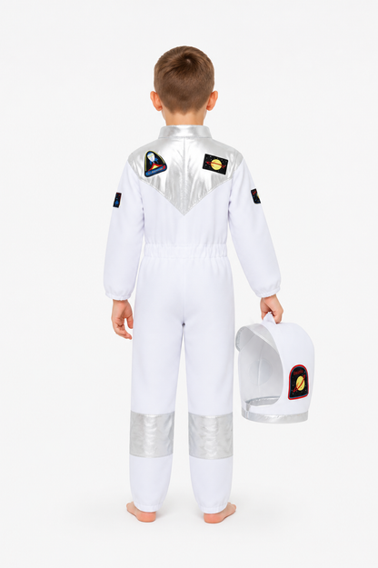 Children's astronaut costume with helmet and silver-toned accents back view