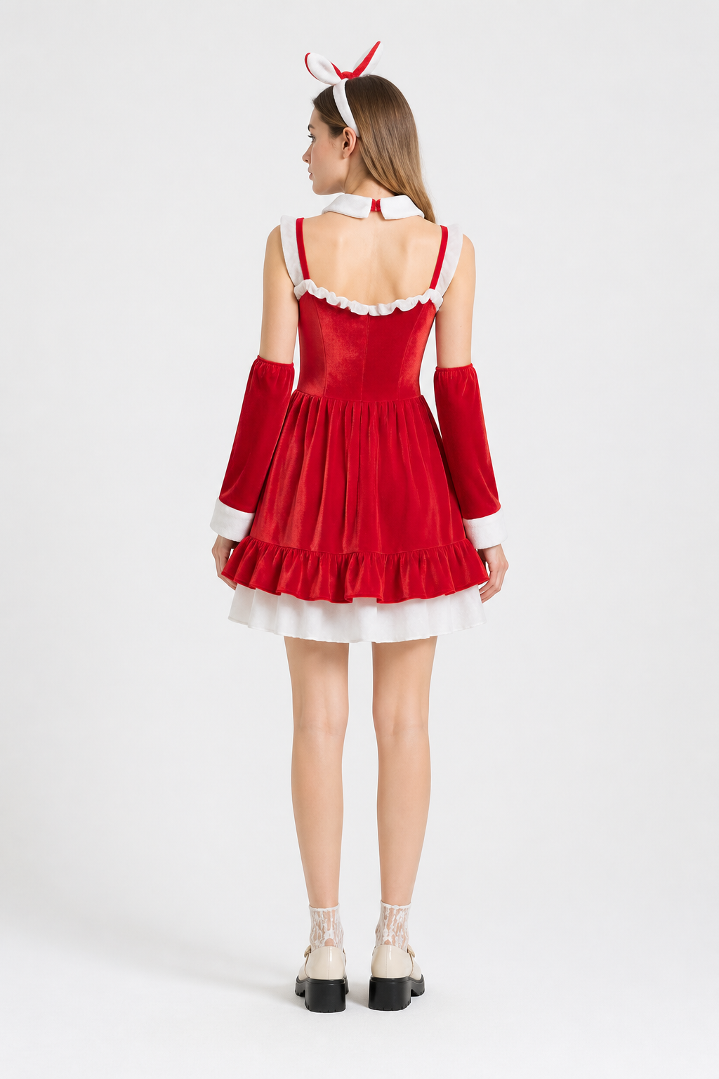 Red Christmas Dress with Bow and Ruffles back view