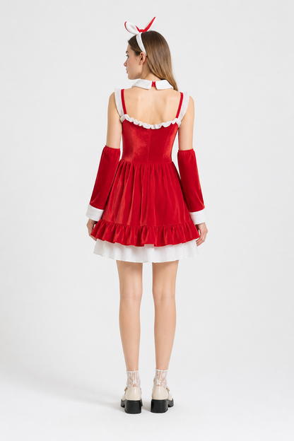 Red Christmas Dress with Bow and Ruffles back view