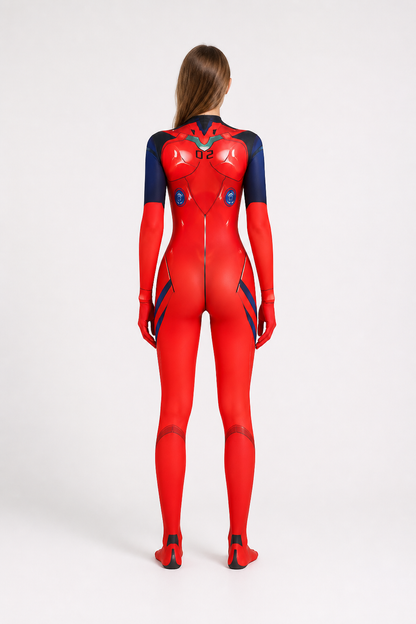 Red and Blue Cosplay Jumpsuit with Zipper and No. 02 back view
