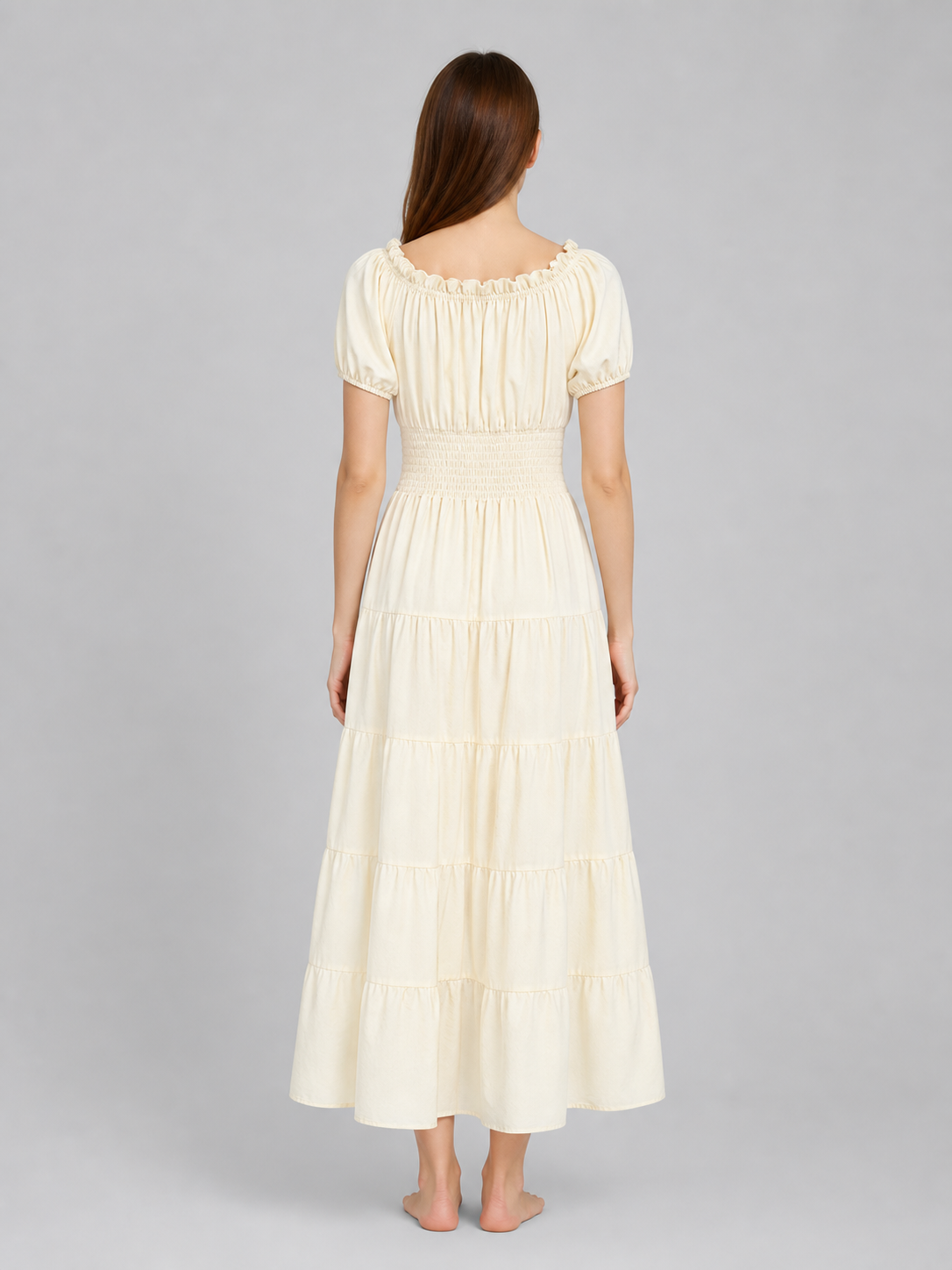 Tiered Dress with Puff Sleeves and Gathering