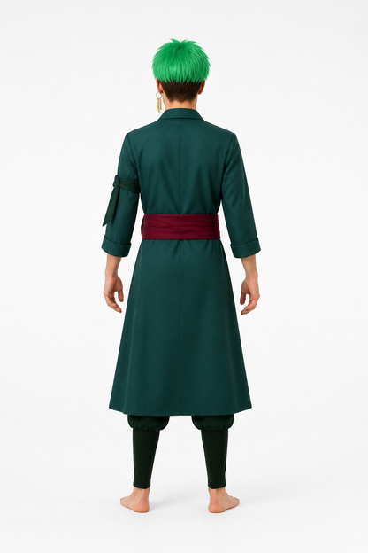 Roronoa Zoro Cosplay Costume in Green with Wig and Earrings back view