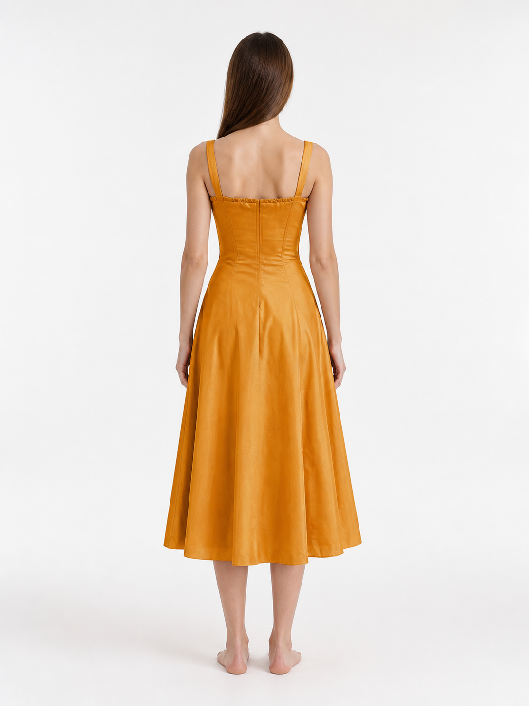Strappy, fitted dress with a flared skirt back view