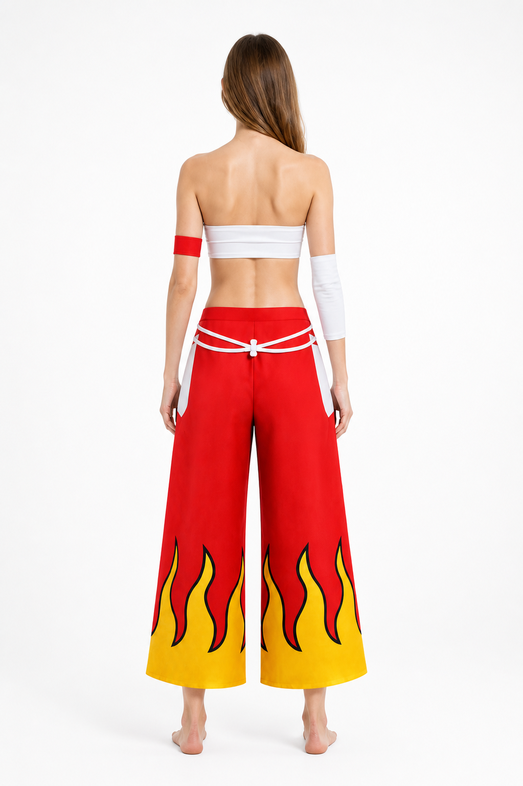 Anime cosplay costume with a flame print and wide-leg pants back view