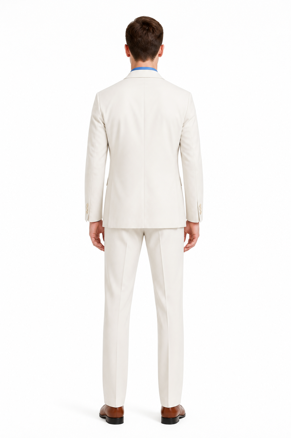 Trouser suit with shirt, suspenders, and tie back view