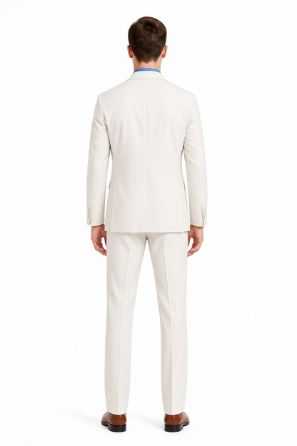 Trouser suit with shirt, suspenders, and tie back view