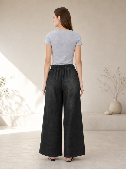 Solid Black Wide-Leg Pants with Elastic Waist and Contrast White Drawstrings back view