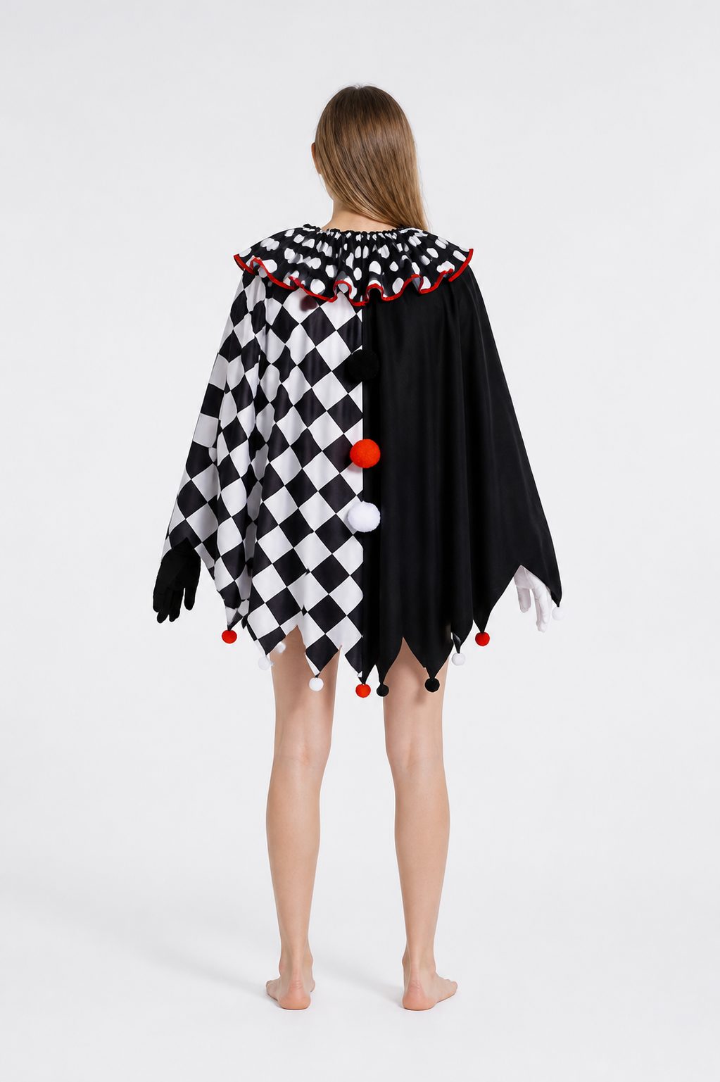 Clown Cape with Gloves, Black and White Checkered Pattern back view