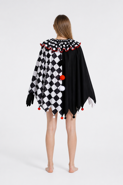 Clown Cape with Gloves, Black and White Checkered Pattern back view