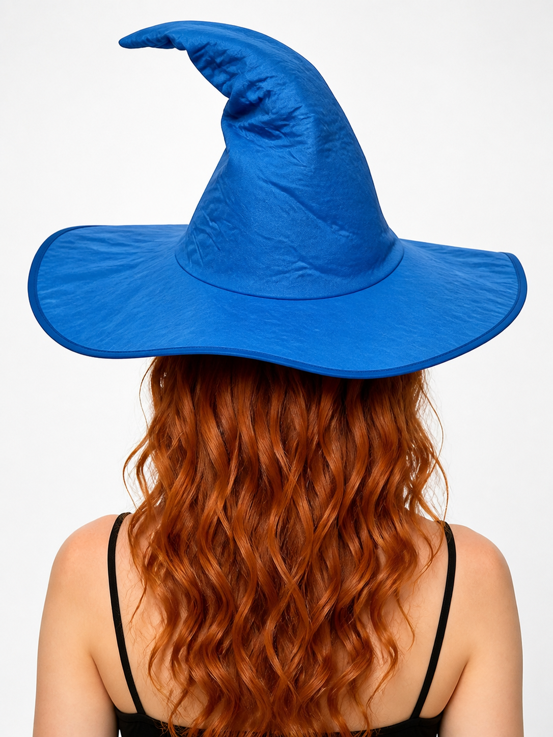 Blue Halloween Witch Hat, Wide Brim Curved Pointed Cap with Black Chin Strap back view 4