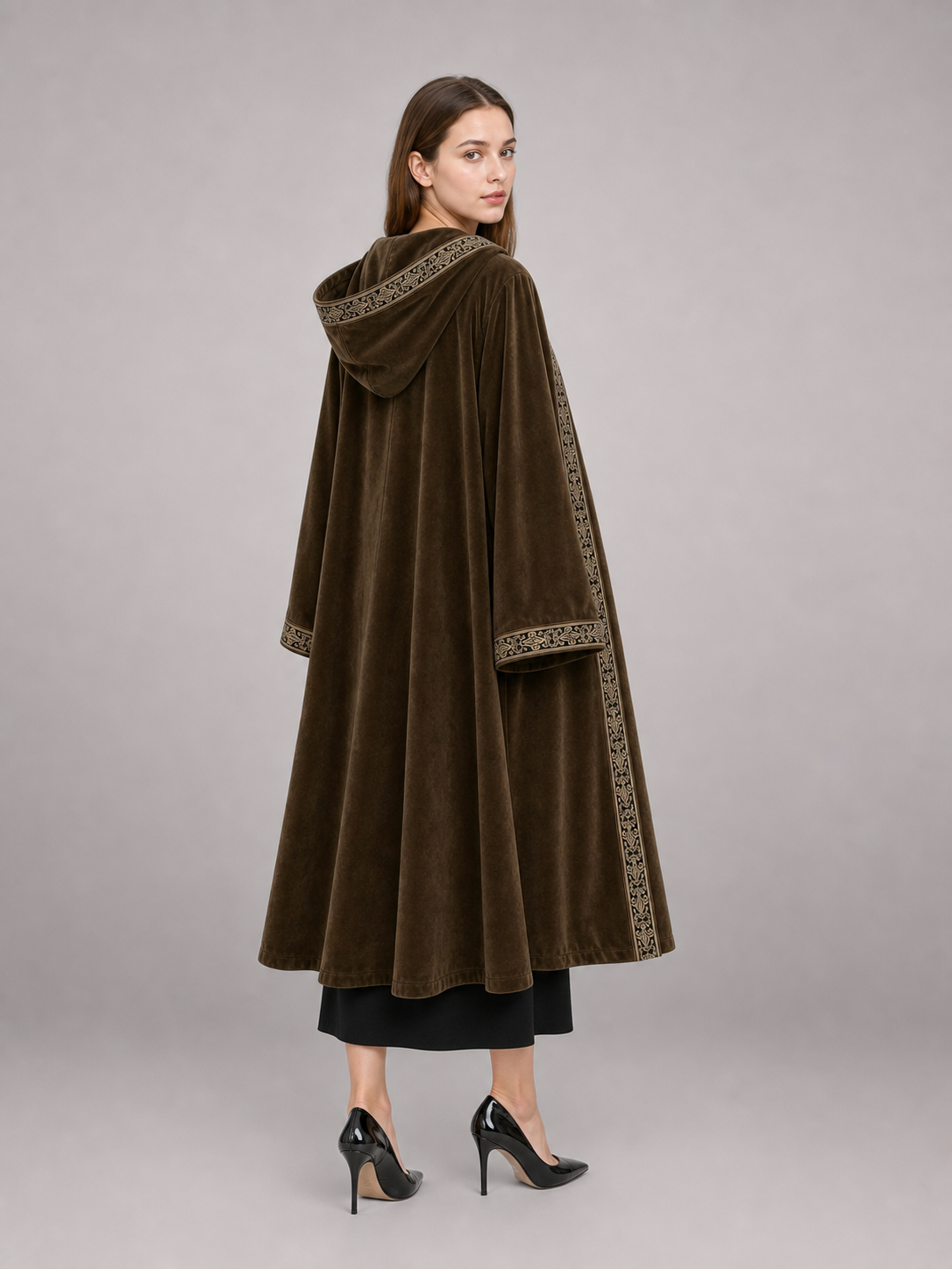 Long Hooded Robe, Brown, Loose Fit back view 2