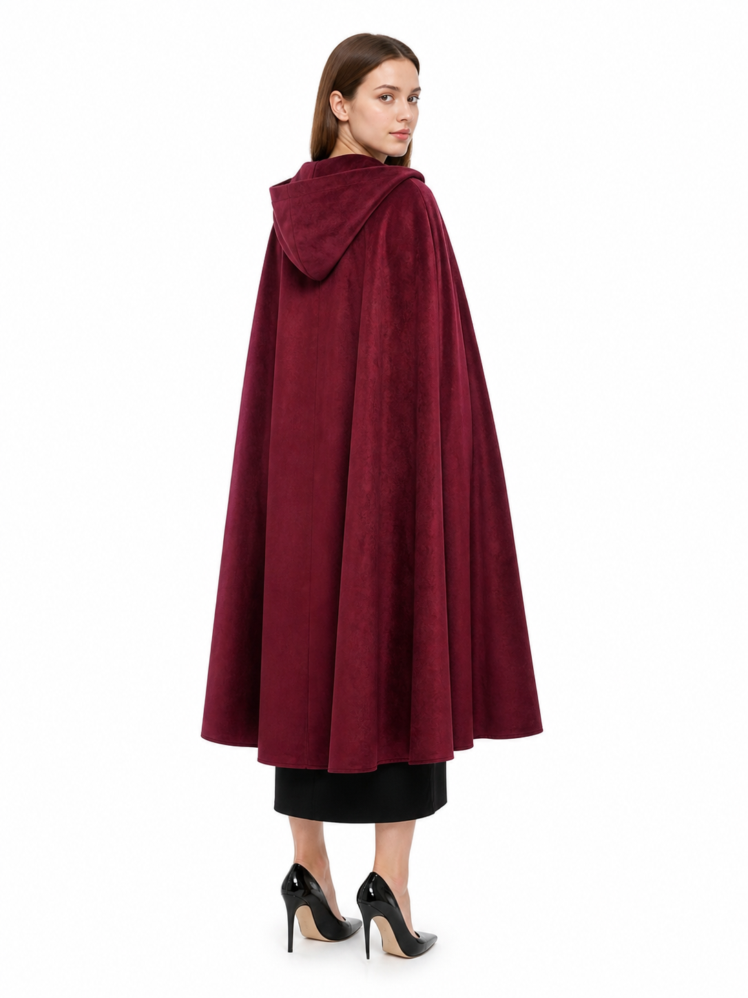 Long burgundy carnival cloak with hood