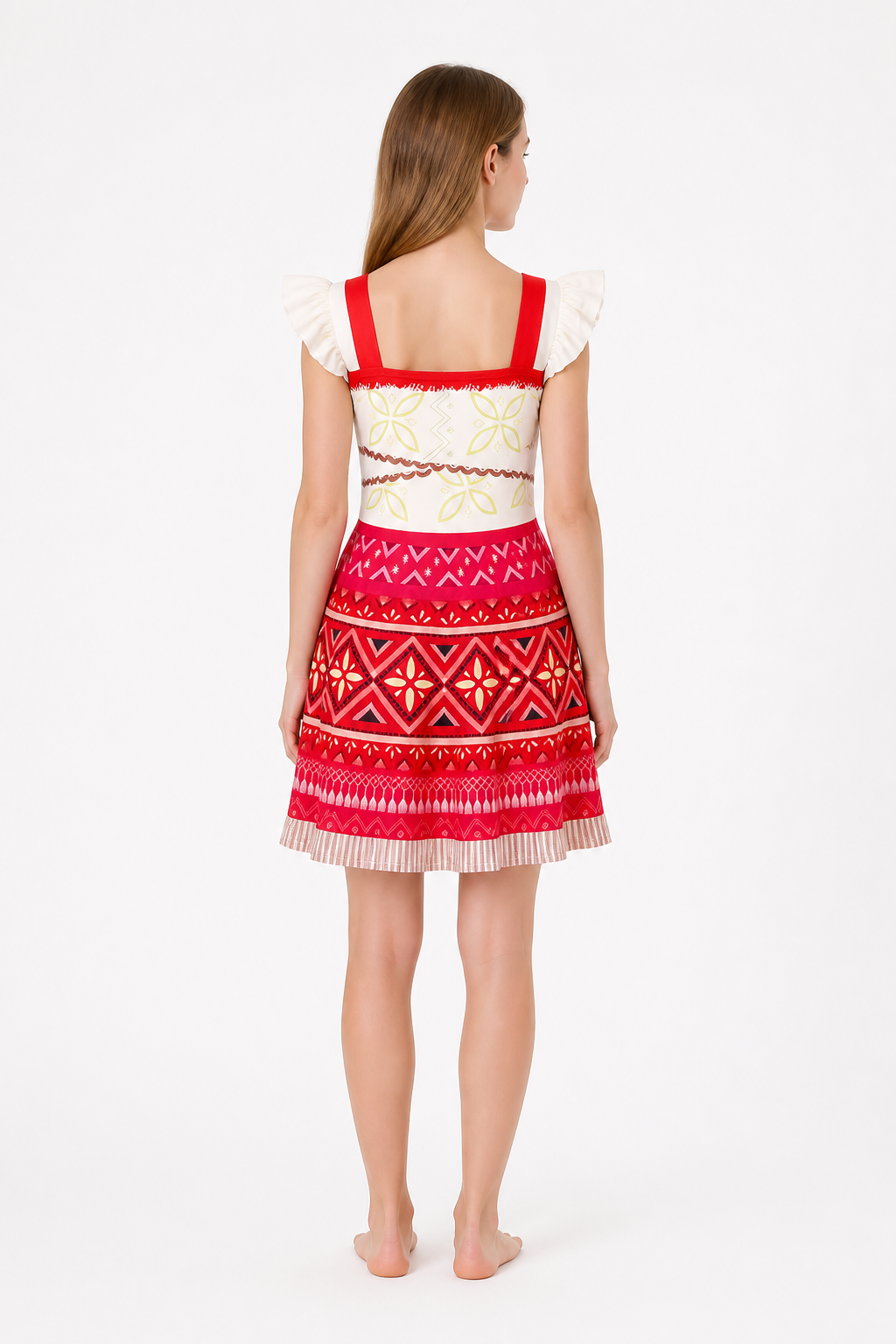 Moana Cosplay Dress with Fringe and Floral Print back view
